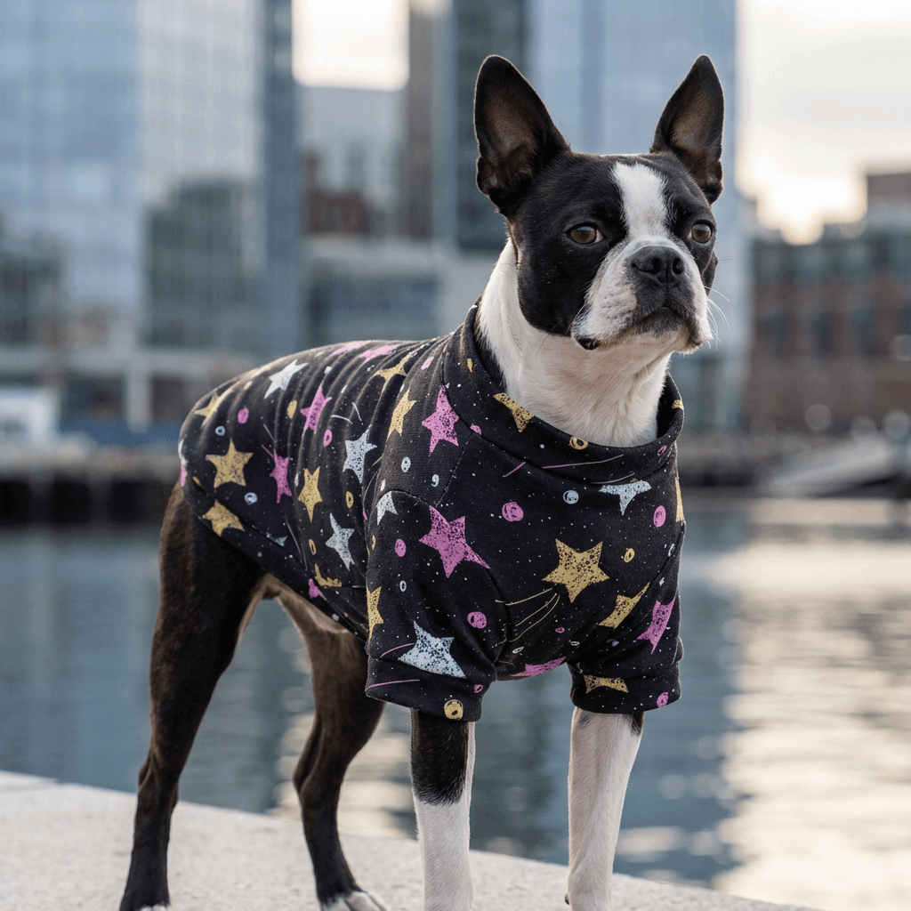 Stars Print Dog Fleece Sweater worn by a dog near water, featuring colorful star design and breathable fabric.