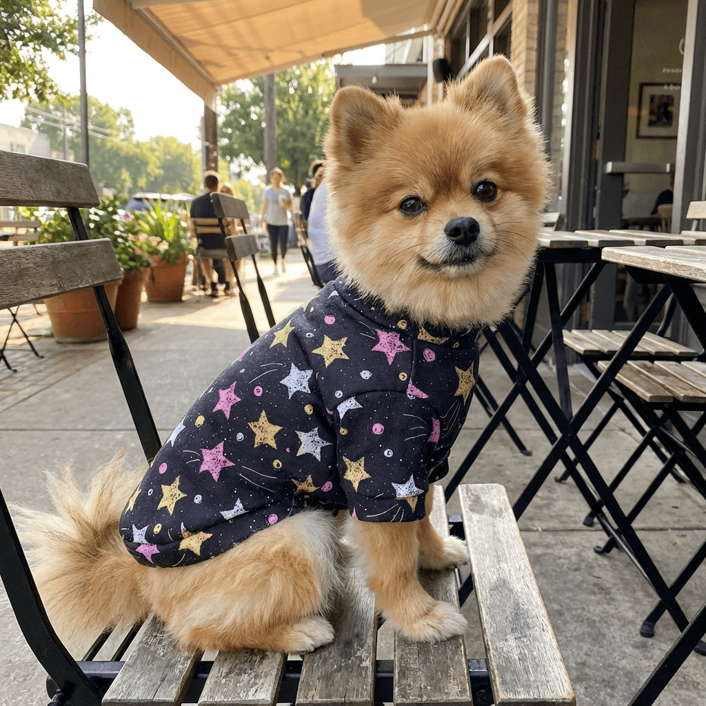 Pomeranian wearing Stars Print Dog Fleece Sweater featuring stars design, breathable cotton, perfect for Dogs & Cats.