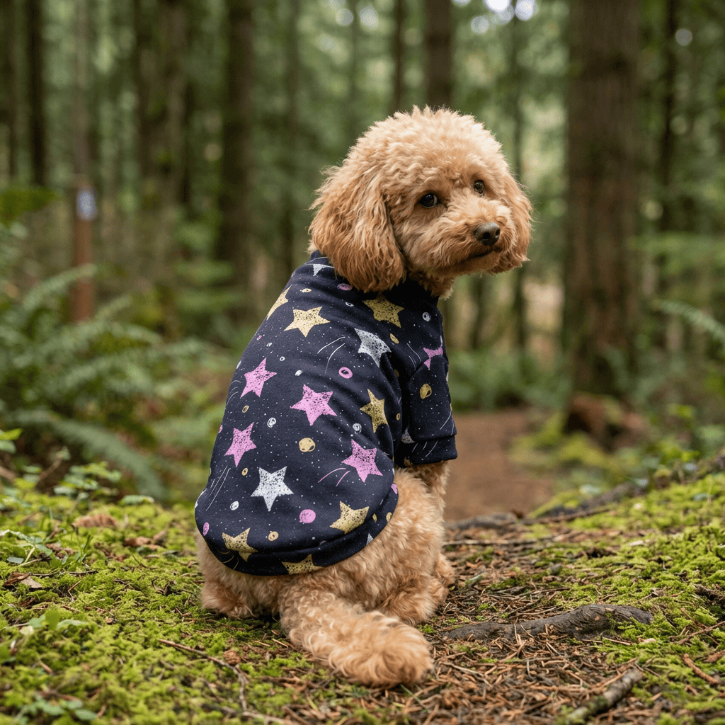 Cute dog wearing Stars Print Dog Fleece Sweater in forest, features breathable material and high cut for potty breaks.