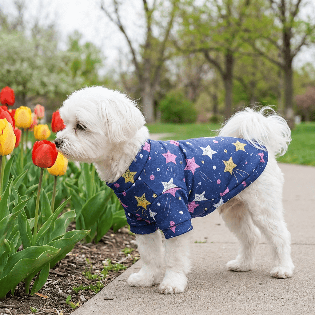 Dog wearing Stars Print Dog Fleece Sweater, enjoying flowers in a park, showcasing comfort and style for pets.
