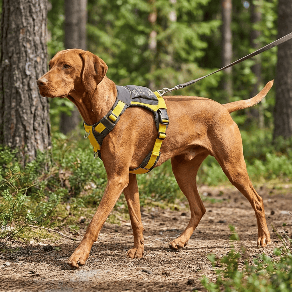 StayClose Dog Harness Vest in use on a brown dog walking in the forest, showcasing its secure and comfortable design.