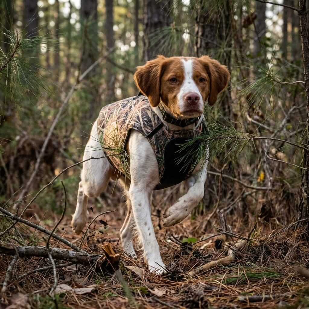 Stealth Neoprene Dog Chest Guard worn by a dog in a forest, featuring rugged protection for outdoor adventures.