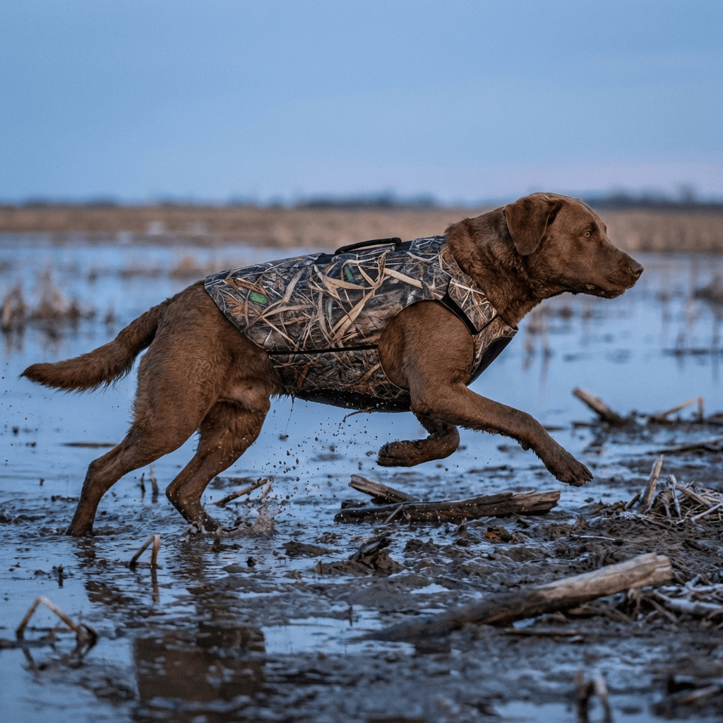 Stealth Neoprene Dog Chest Guard in action, rugged protection for dogs in outdoor environments.