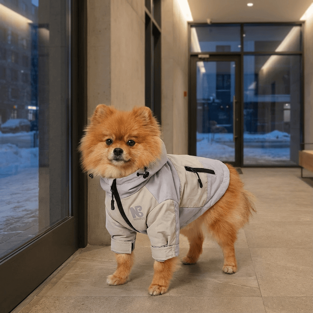 StormGuard Dog Jacket on a Pomeranian in a cozy indoor setting, featuring waterproof fabric and reflective strips.