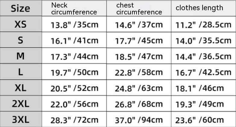 Size chart for StormGuard Luxe Dog Coat detailing neck, chest, and clothes measurements for various sizes.