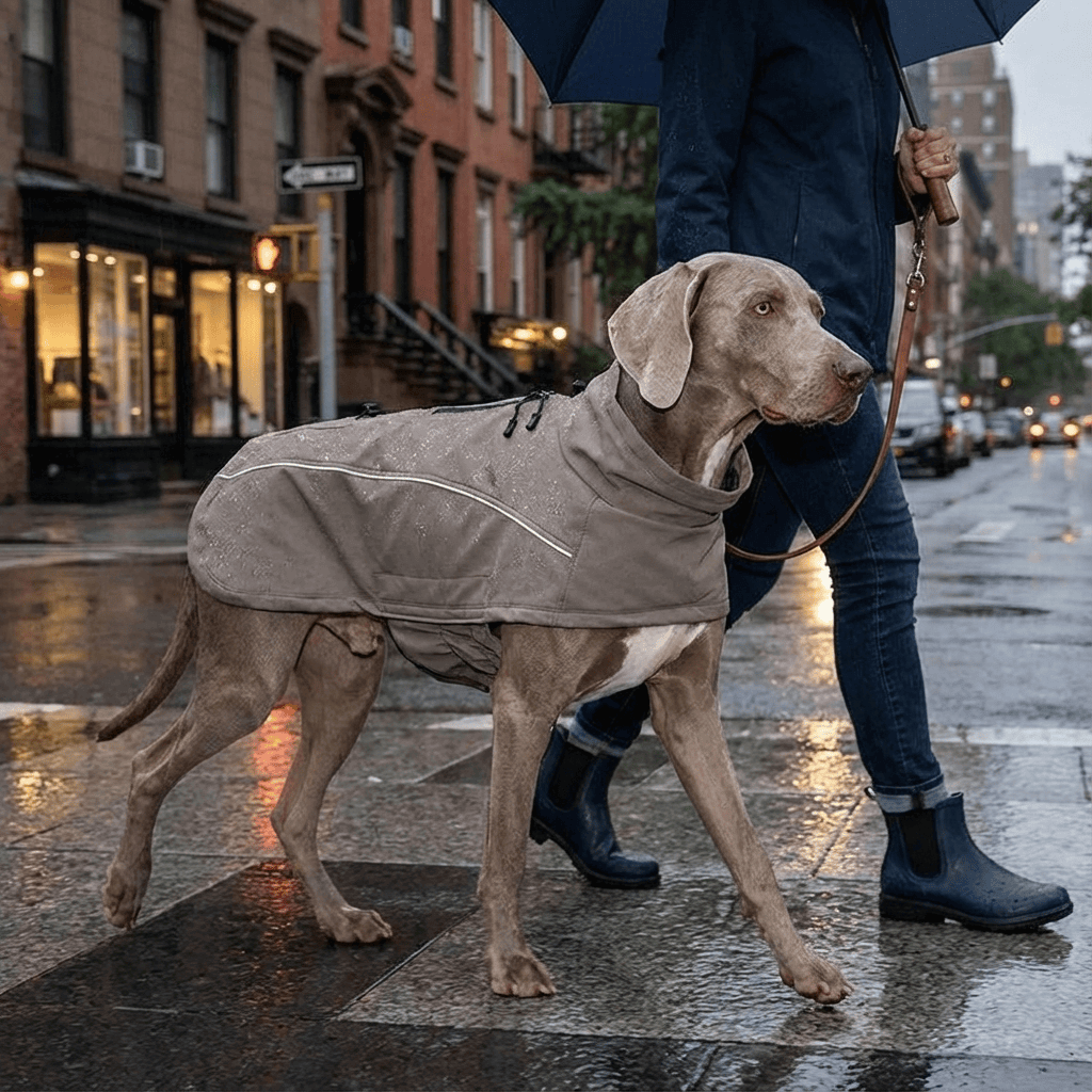 StormGuard Luxe Dog Coat on a dog walking in the rain, showcasing waterproof features for dogs and cats.