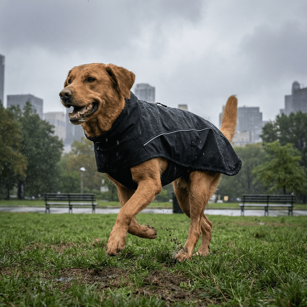 StormGuard Luxe Dog Coat on a golden retriever running in the rain, showcasing waterproof features.