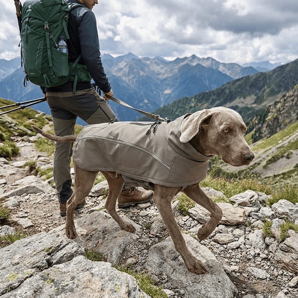StormGuard Luxe Dog Coat on a hiking dog, providing waterproof protection and style for outdoor adventures.