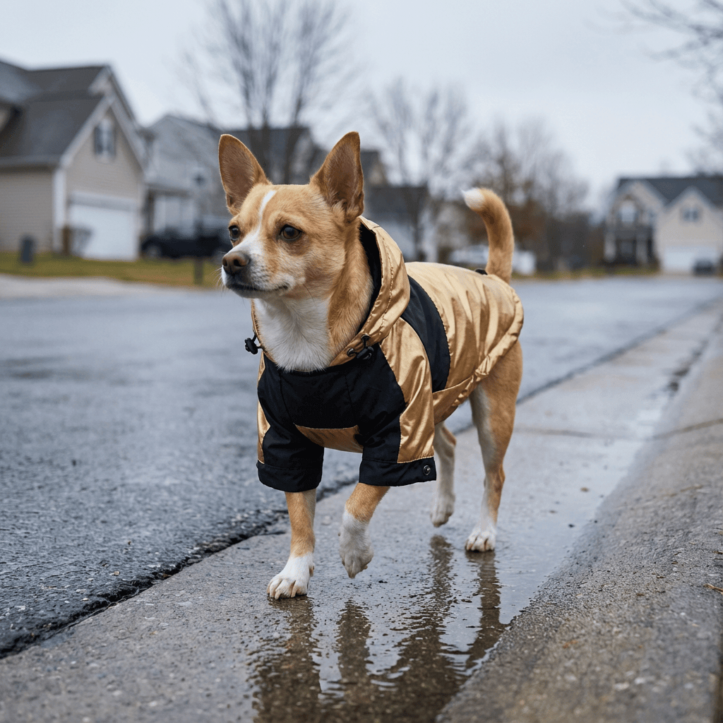 Dog wearing StormGuard Pet Raincoat, a durable raincoat for all breeds, protecting against rain and wind.