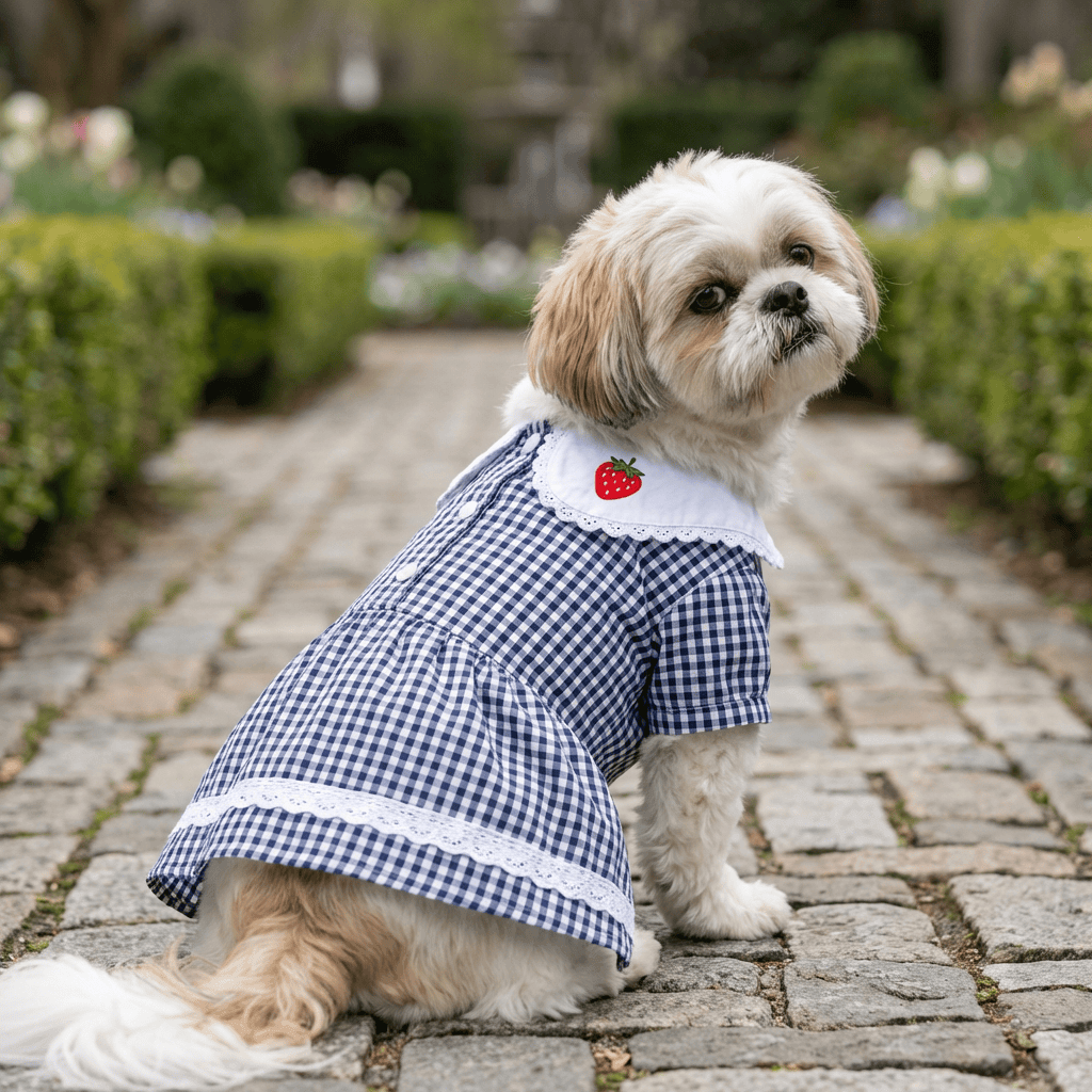 Strawberry Embroidered Dog Dress on a Shih Tzu, features cotton fabric with strawberry embroidery for fashionable pets.