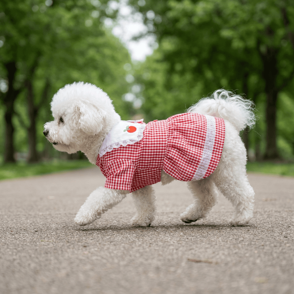 Strawberry Embroidered Dog Dress for dogs, featuring cotton fabric, perfect for any occasion by Dogs & Cats.