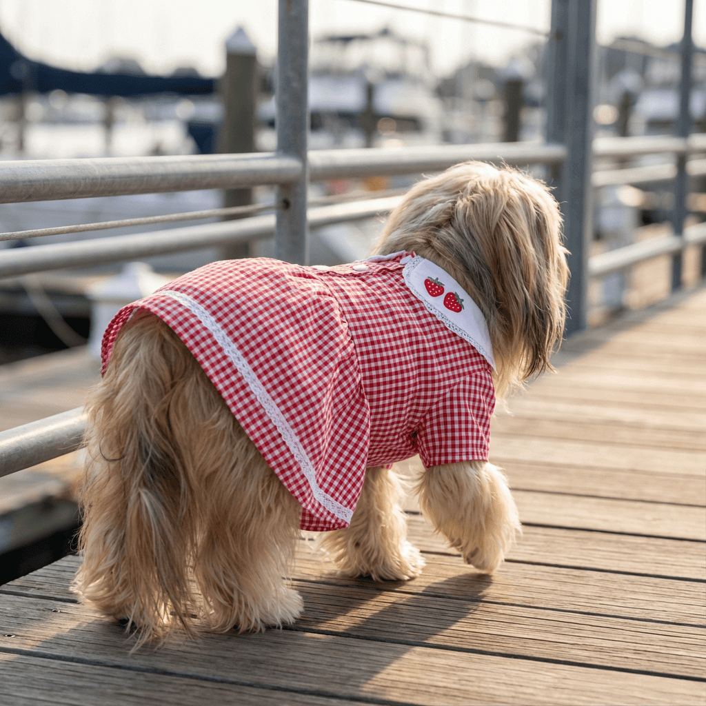 Strawberry Embroidered Dog Dress featuring a stylish gingham pattern perfect for dogs and cats.