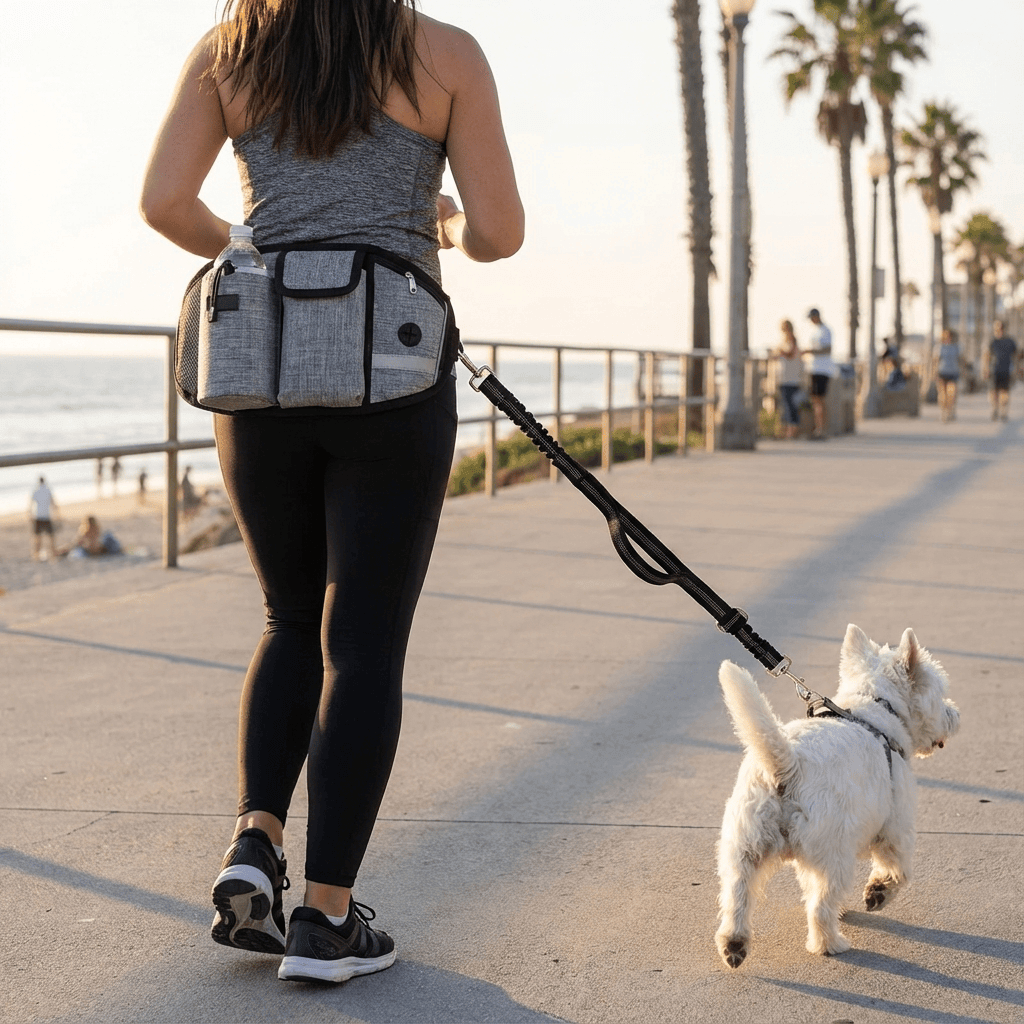 Woman using StridePro Hands-Free Dog Leash with storage pockets while walking a dog along the beach.