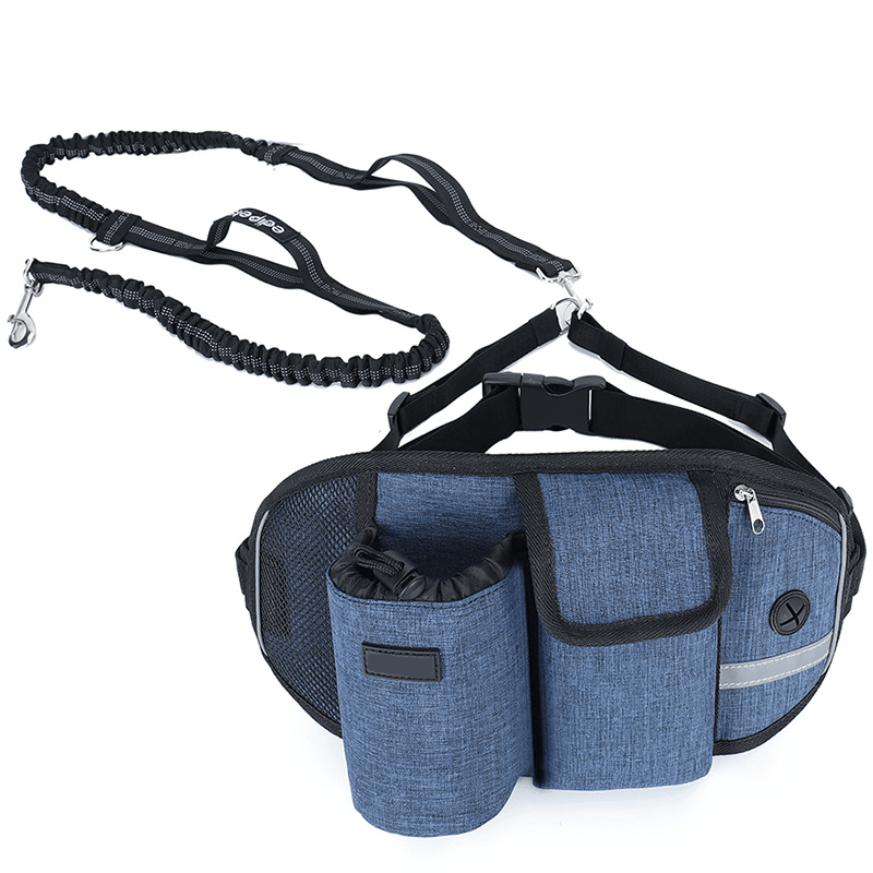 StridePro Hands-Free Dog Leash with storage pockets, bungee leash, and reflective details for dogs & cats.