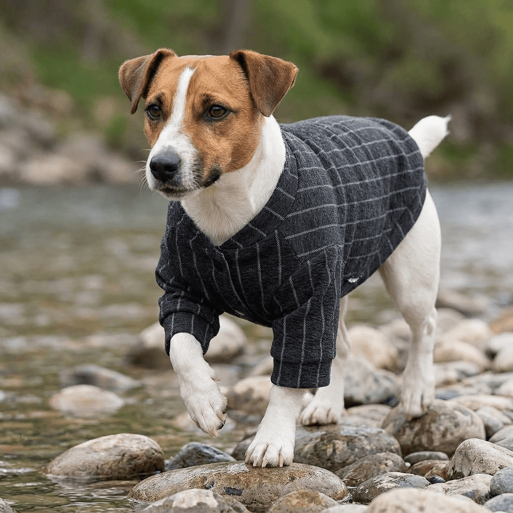 A dog wearing a Striped Baseball Dog Jacket, designed for comfort and style during outdoor adventures with Dogs & Cats.