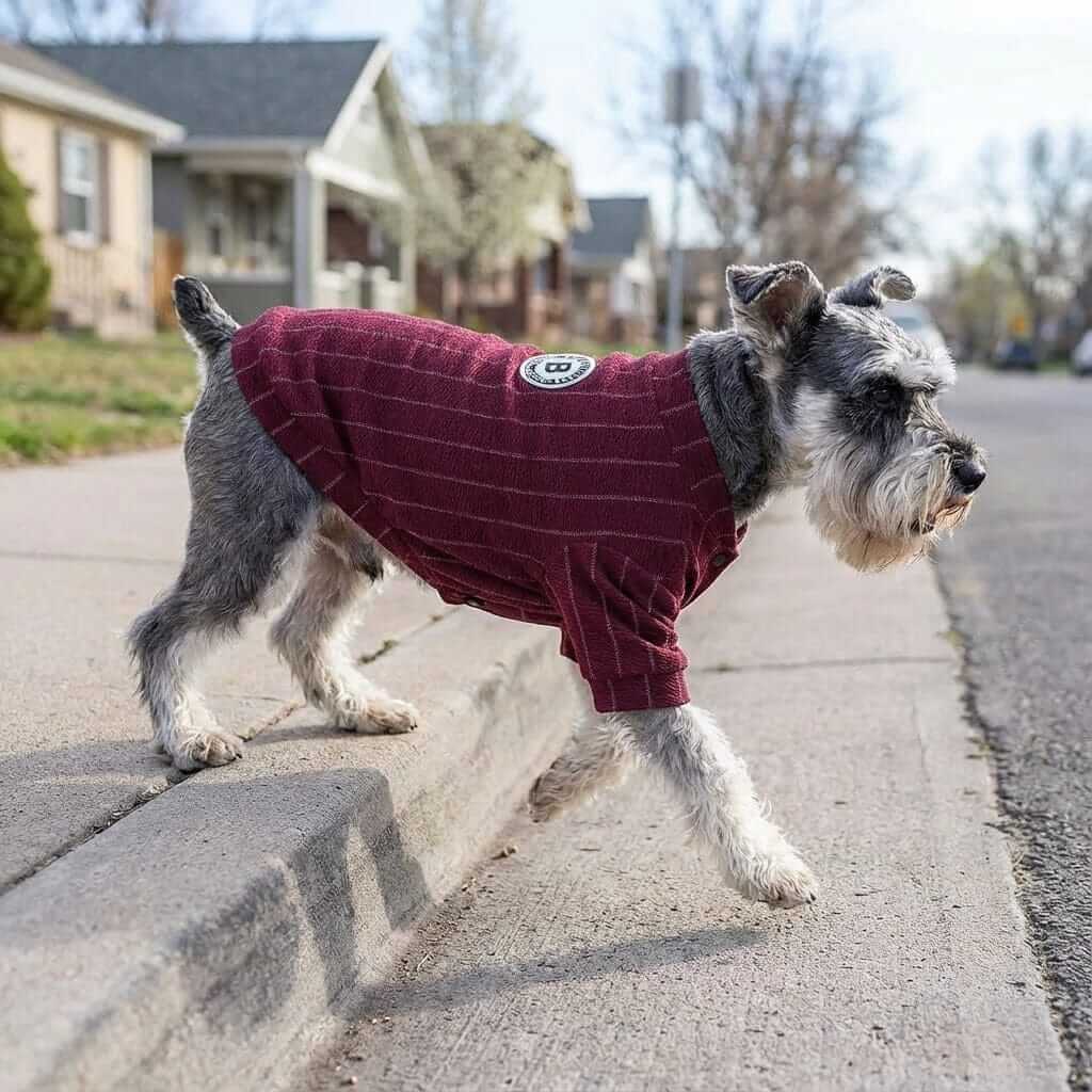 Striped Baseball Dog Jacket on a dog walking down the street, featuring comfort and timeless style by Dogs & Cats.
