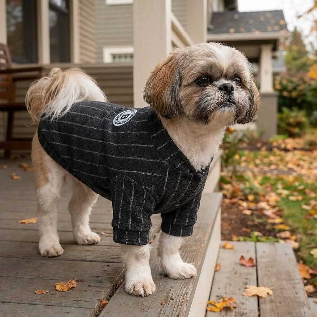 Striped Baseball Dog Jacket on a small dog, featuring cozy comfort and classic style for adventures. Dogs & Cats brand.
