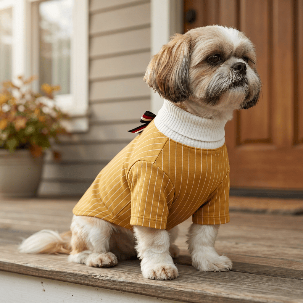 Striped Cotton Autumn And Winter Dog Top on a dog, showcasing its soft material, round neckline, and stylish white stripes.