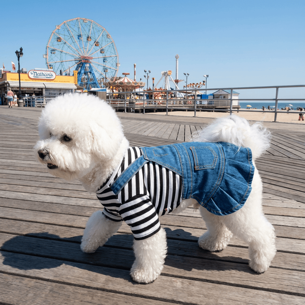 Striped Embroidered Denim Dog Skirt on a fluffy dog at the beach, showcasing features like a lightweight design and denim material by Dogs & Cats.