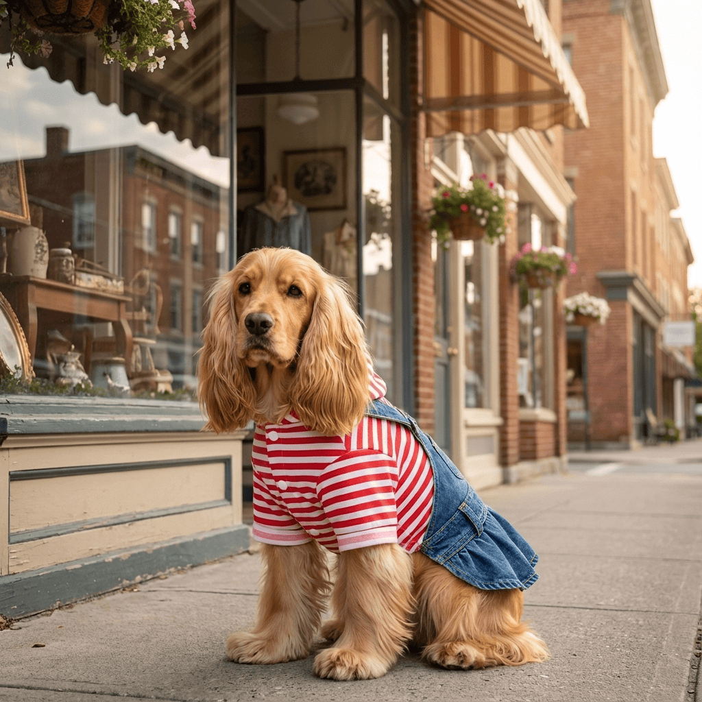 Striped Embroidered Denim Dog Skirt worn by a stylish dog outside a boutique, showcasing its soft fabric and adorable design.