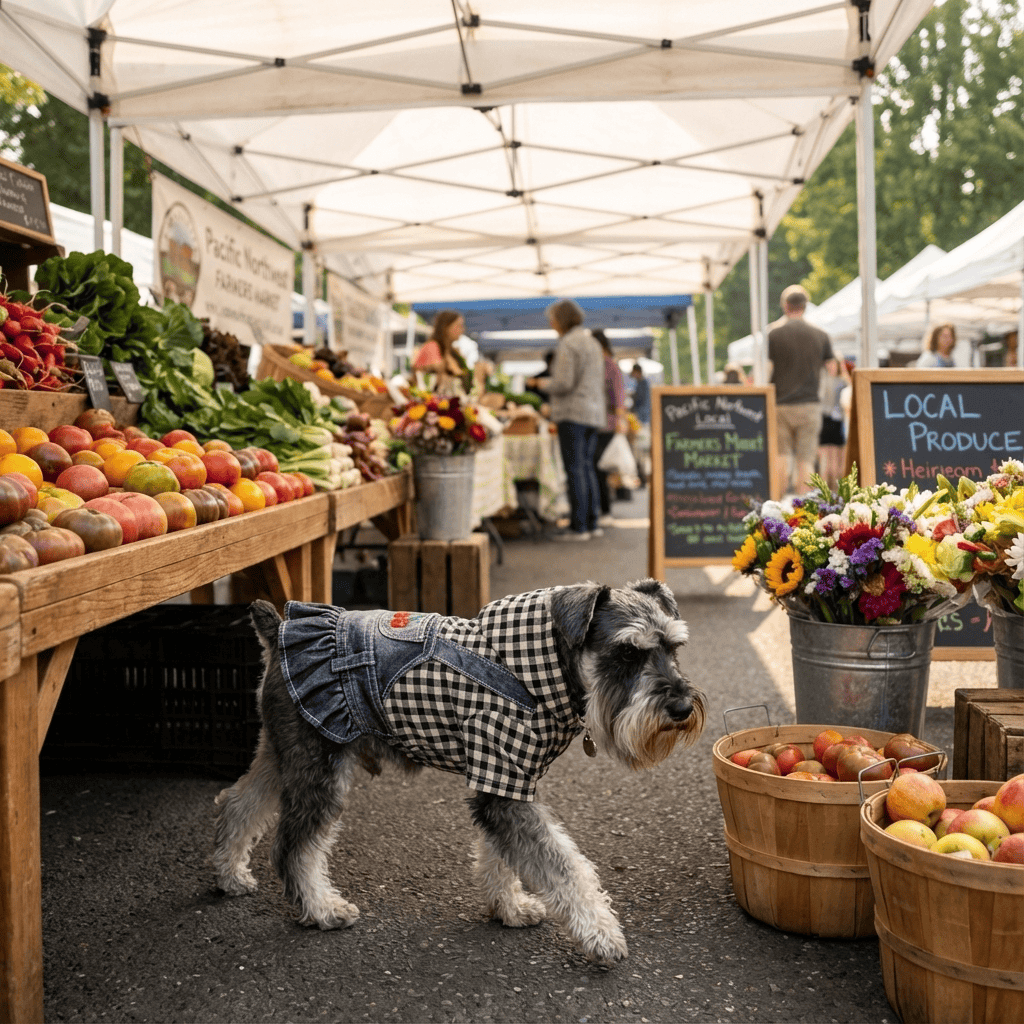 Striped Embroidered Denim Dog Skirt worn by a dog at a farmer's market with fresh produce and flowers.