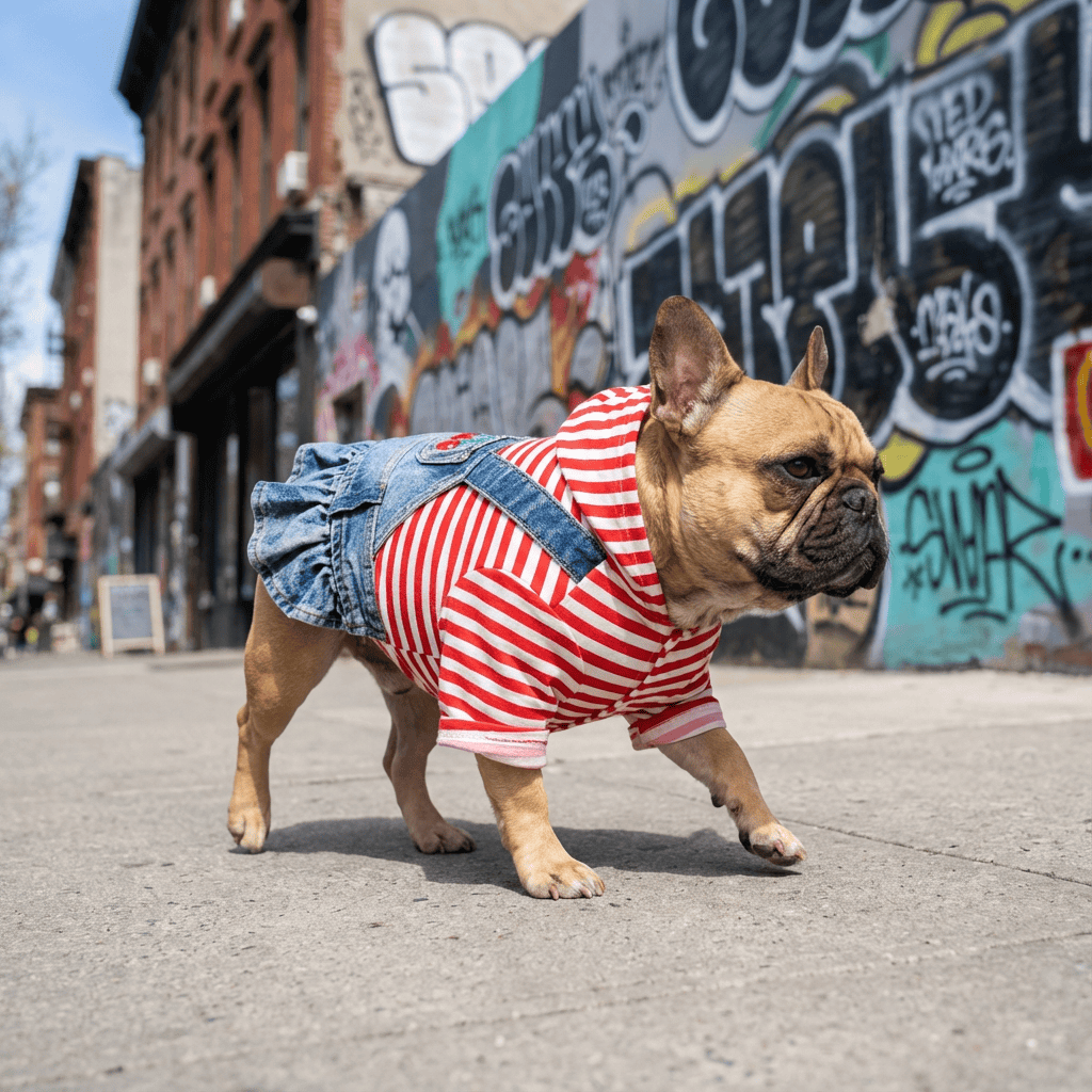 Striped Embroidered Denim Dog Skirt worn by a French Bulldog, showcasing features like lightweight denim and breathable fabric.