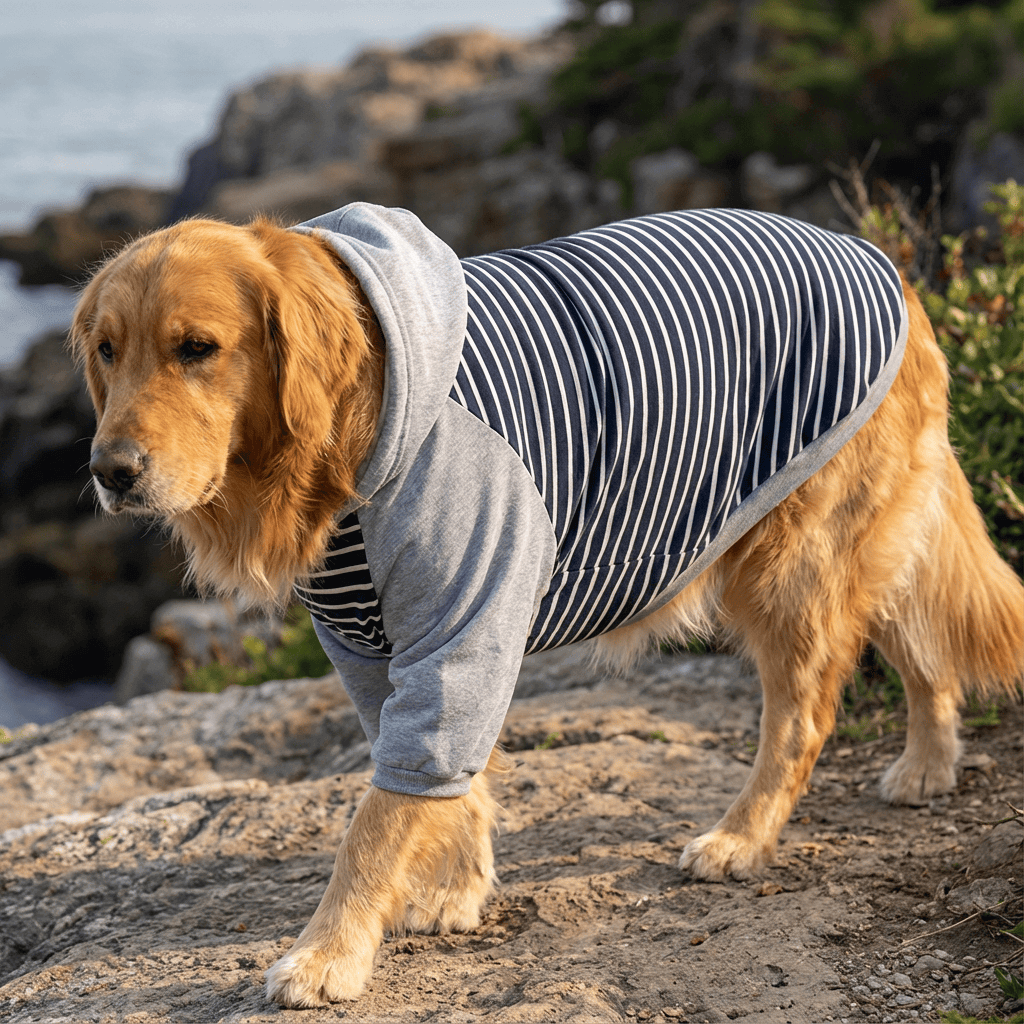 Striped Hooded Dog Sweater on a Golden Retriever, featuring lightweight, breathable fabric for comfort.