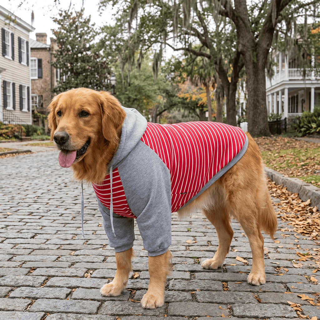 Striped Hooded Dog Sweater on a Golden Retriever, lightweight, breathable, perfect for dogs & cats.