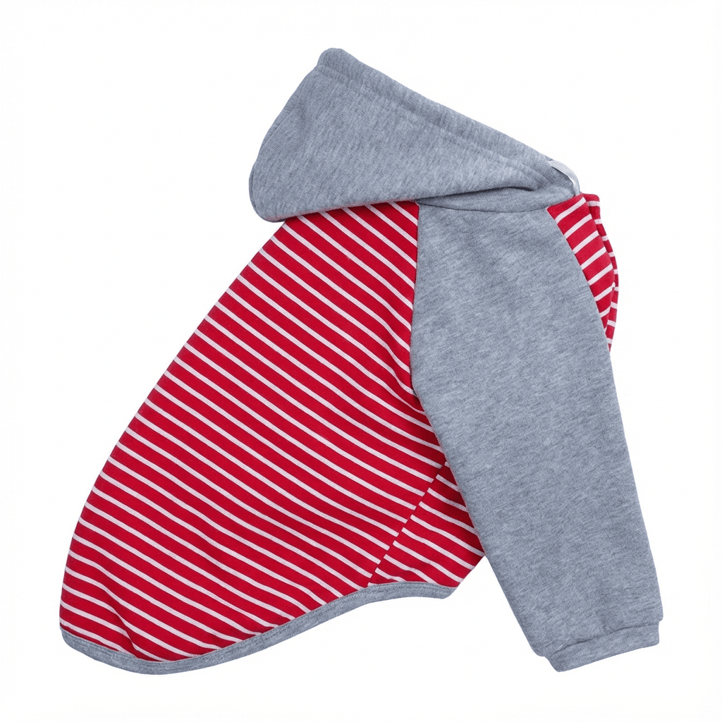 Striped Hooded Dog Sweater showcasing red and gray colors, featuring breathable cotton, lightweight fabric, perfect for dogs.