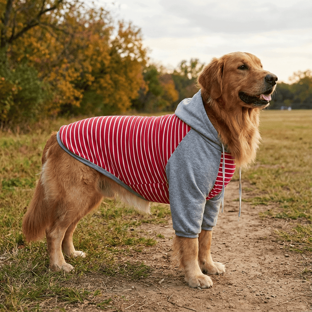 Striped Hooded Dog Sweater on a golden retriever showcasing its lightweight and breathable features in a park.