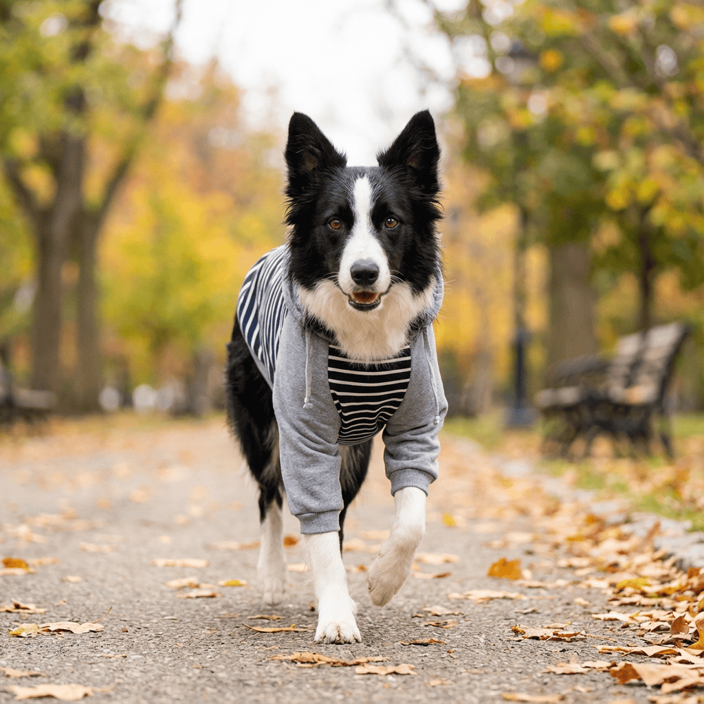 A dog wearing the Striped Hooded Dog Sweater, featuring lightweight fabric and a stylish design, walking in a park.