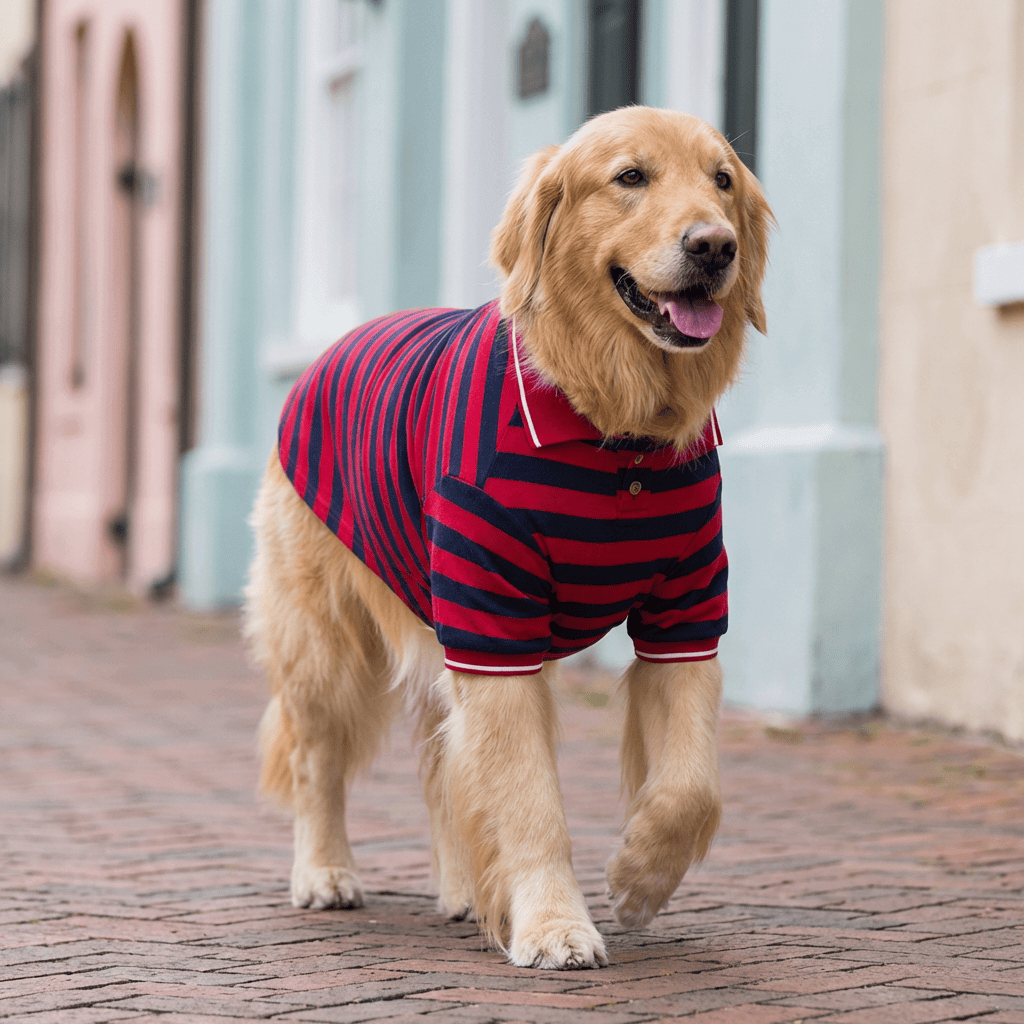 Golden Retriever wearing a Striped Polo Shirt walking on a brick street. Features soft cotton and collared design by Dogs & Cats.