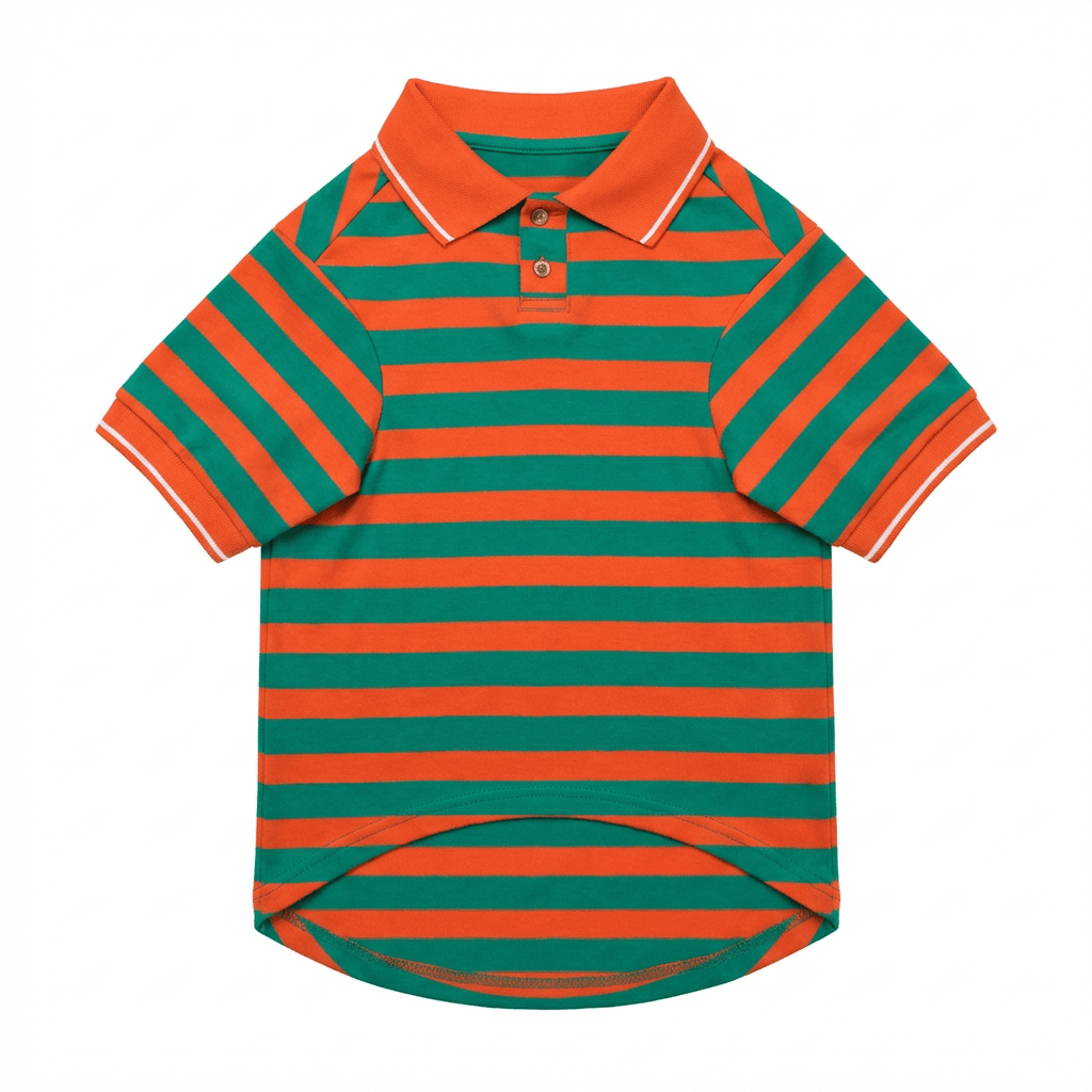 Striped Polo Shirt for Dogs & Cats, orange and green stripes, soft cotton, collared, easy on/off, great for summer outings