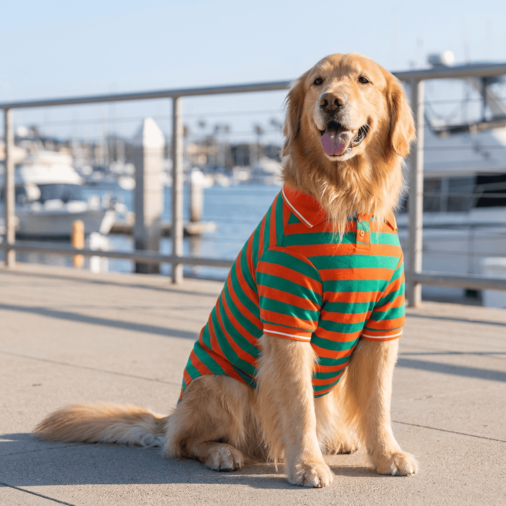 Golden retriever wearing a Striped Polo Shirt by Dogs & Cats, featuring a vibrant striped design and soft cotton fabric.