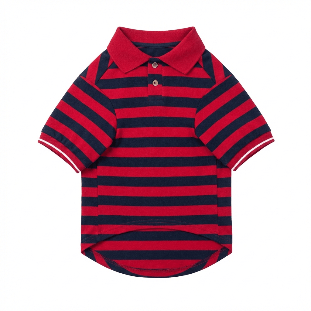 Striped Polo Shirt for dogs by Dogs & Cats featuring a classic collar, shirttail hem, and breathable cotton fabric.