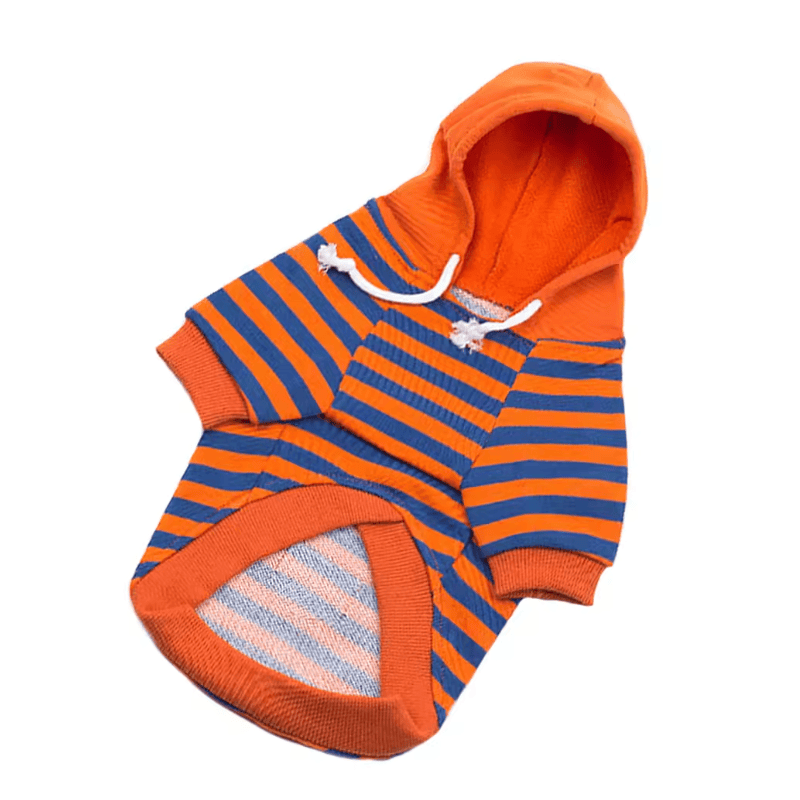 Striped Short Sleeve Dog Sweater in vibrant orange and blue, breathable lightweight feel for comfort in chilly weather.
