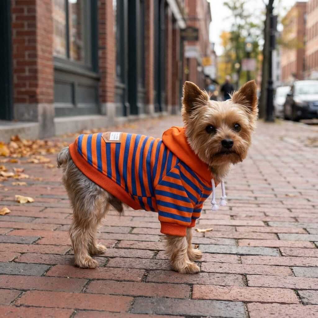 Striped Short Sleeve Dog Sweater on cute Yorkie outdoors, featuring breathable and lightweight design by Dogs & Cats.