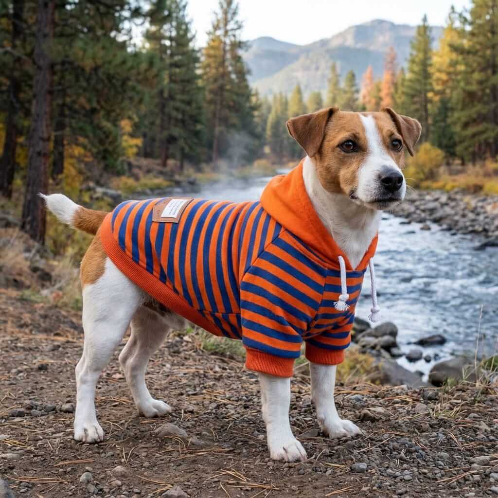 Striped Short Sleeve Dog Sweater on a dog by the river, features breathable, lightweight, cozy, and soft for warmth.