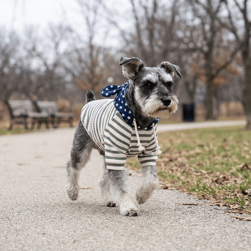 Striped Small Dog Sweater on a small dog, featuring breathable cotton, soft comfort, and a cute round neckline, by Dogs & Cats.