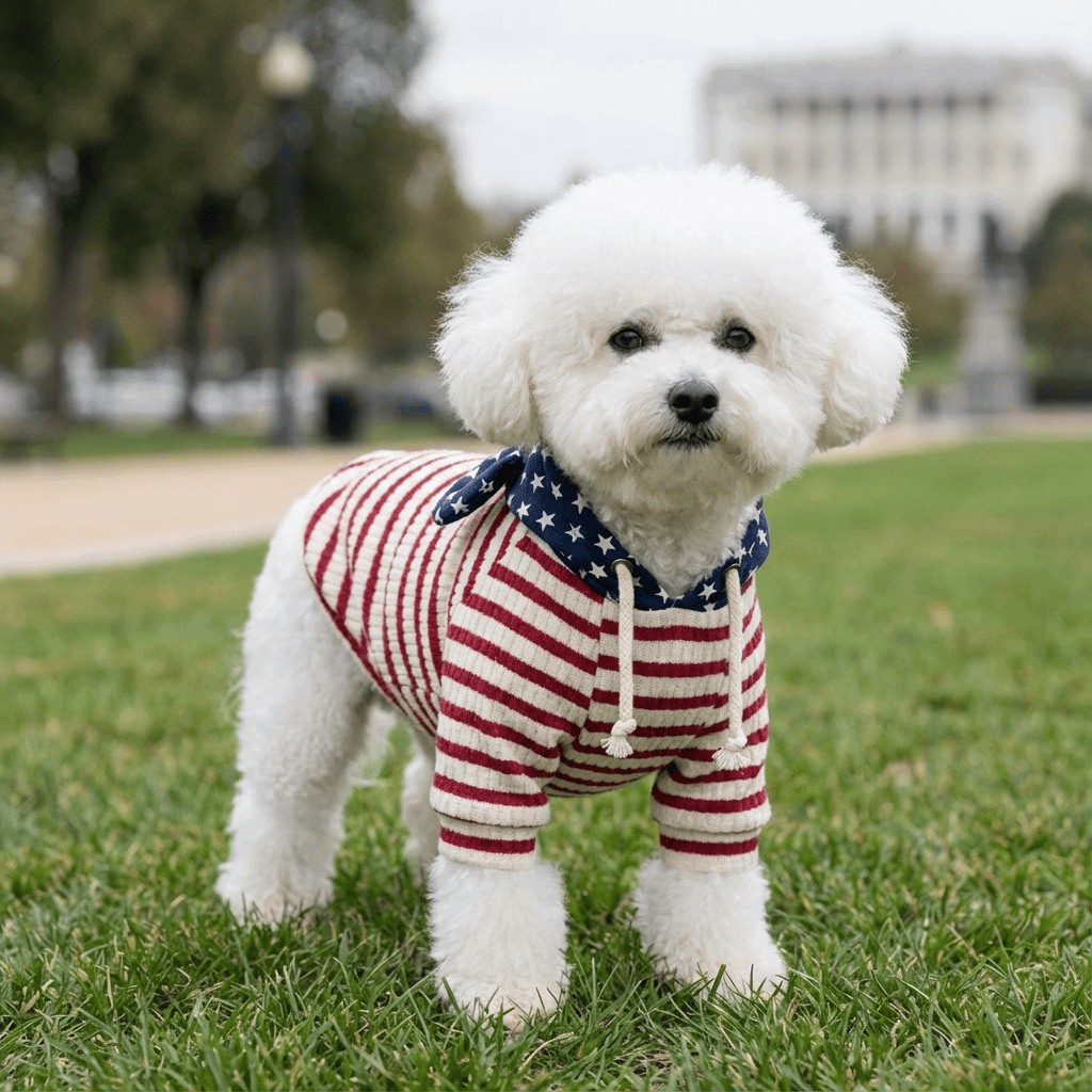 Striped Small Dog Sweater on a fluffy white dog, featuring round neckline, short sleeves, and breathable cotton material.