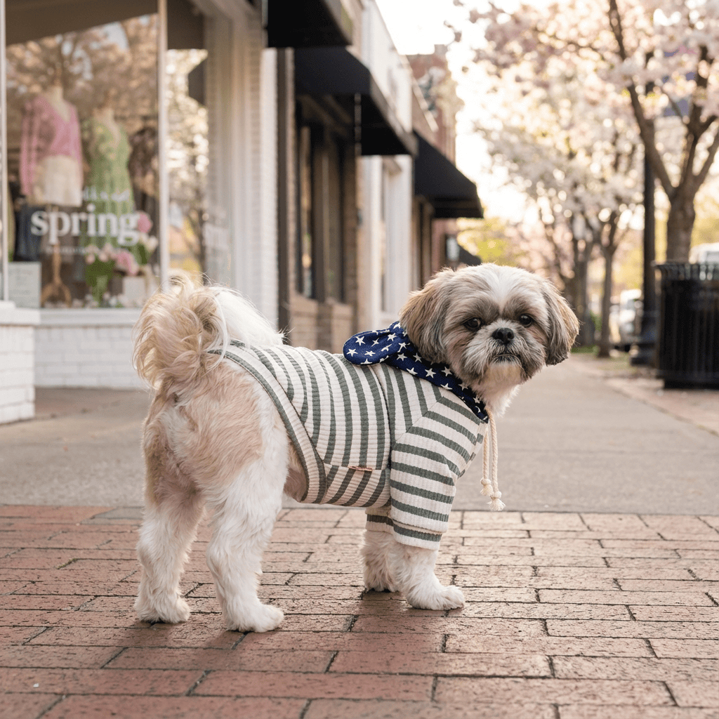 Striped Small Dog Sweater on a small dog, featuring breathable cotton, round neckline, and short sleeves by Dogs & Cats.