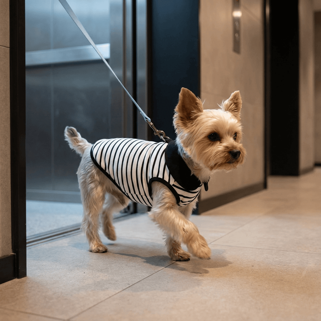 A stylish dog wearing a Striped Summer Pet T-Shirt Dress, walking out of an elevator, ideal for summer outings.