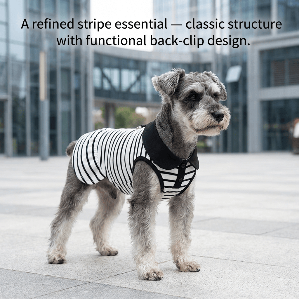 Striped Summer Pet T-Shirt Dress showcased on a dog, featuring breathable fabric and classic stripes, perfect for dogs & cats.