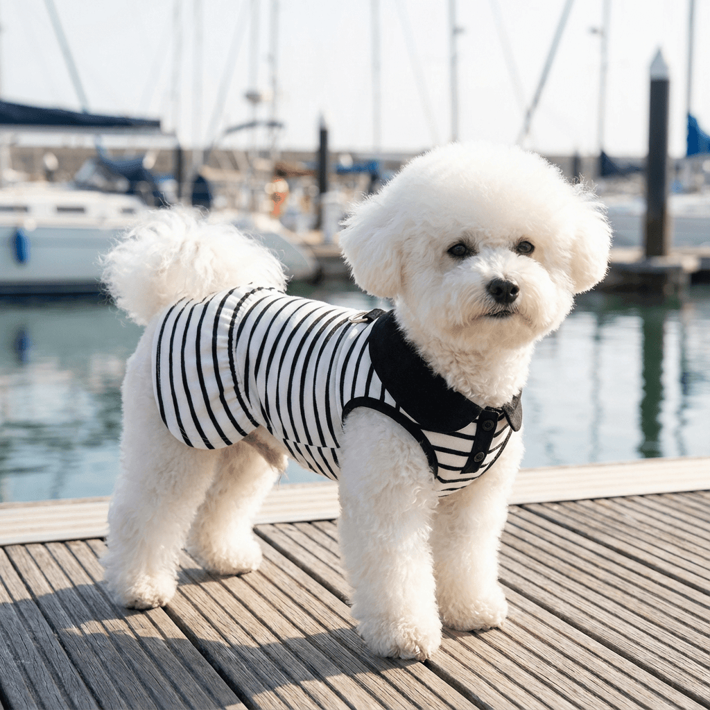Striped Summer Pet T-Shirt Dress on a fluffy dog by the marina, showcasing comfort and style for pets.