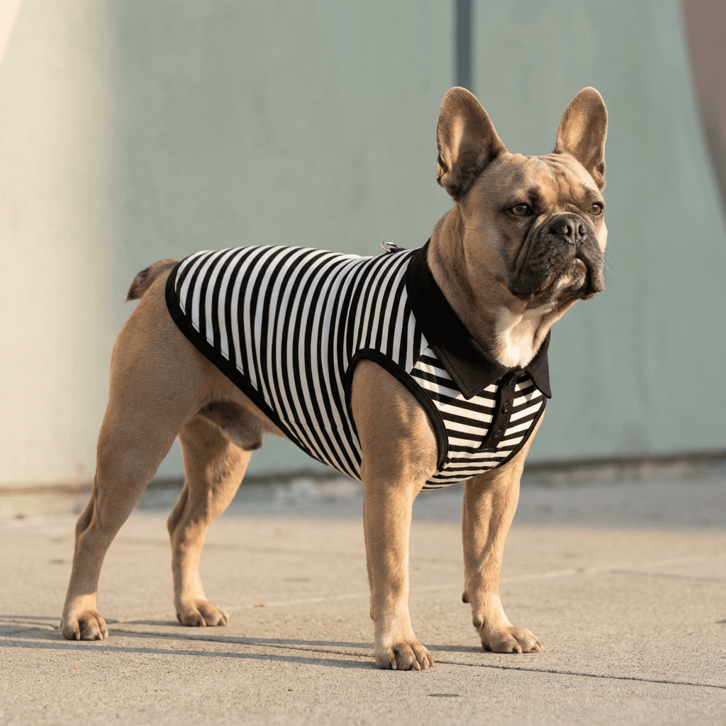 Dog wearing Striped Summer Pet T-Shirt Dress, stylish and breathable outfit for summer days, perfect for dogs and cats.