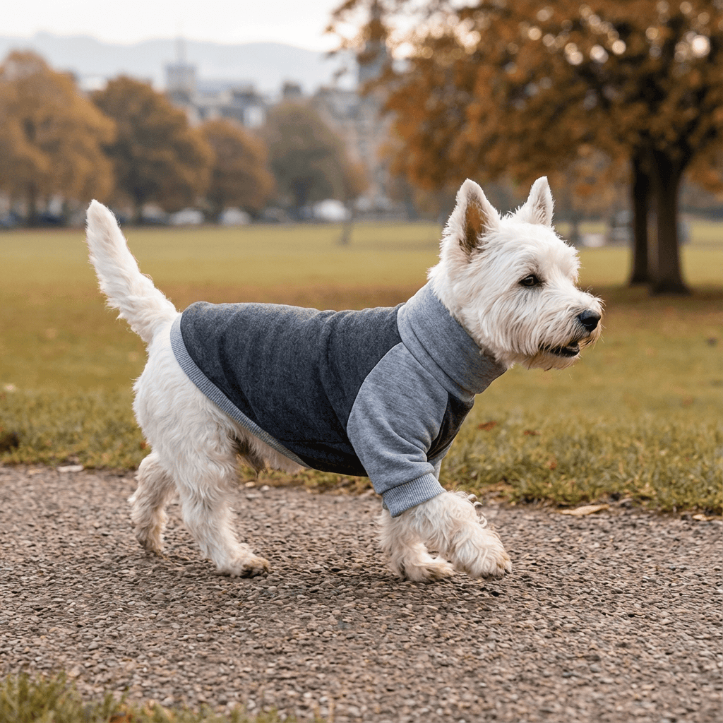 Striped Turtleneck Pullover Sweatshirt on a dog walking in the park, perfect for warmth and style from Dogs & Cats.
