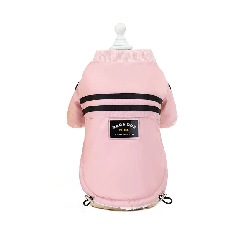 Striped Two-legged Dog Coat in pink with black stripes, perfect for keeping pets cozy from Dogs & Cats.