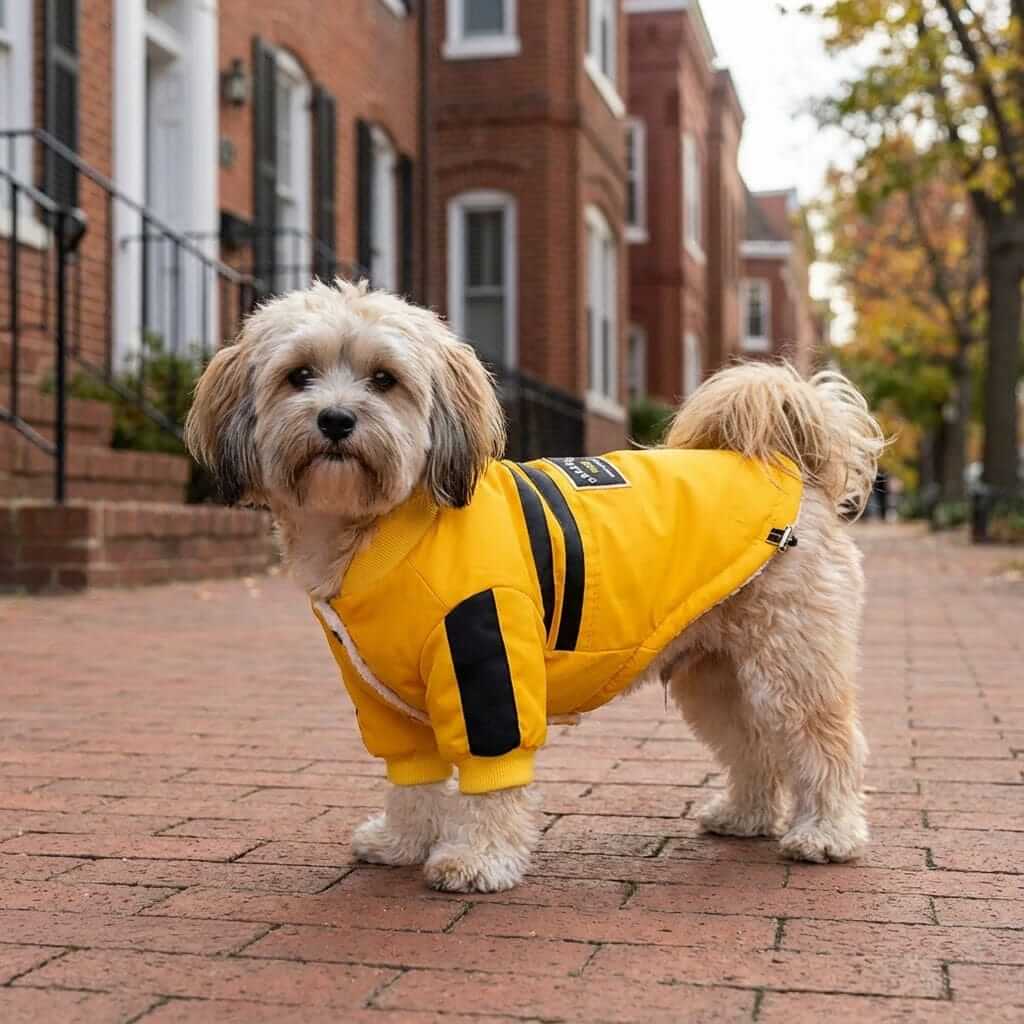 Striped Two-legged Dog Coat on a fluffy dog outside, showcasing its warm, breathable features and stylish design by Dogs & Cats.