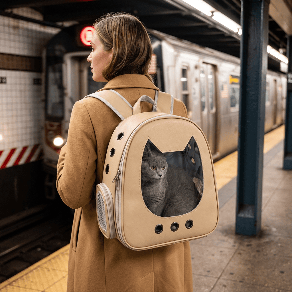 Stylish Cat Travel Backpack being used in a subway, featuring a spacious, breathable design for comfort.