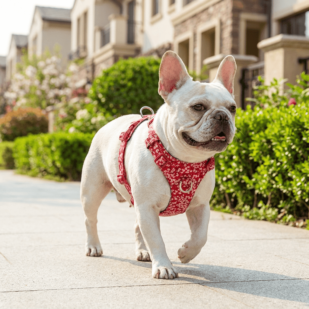 Stylish No-Pull Pet Harness on a French Bulldog walking in a sunny neighborhood, featuring durable materials for comfort.